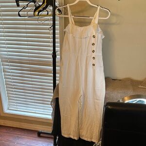 Japna White Jumpsuit with Ruffle and Button Accents